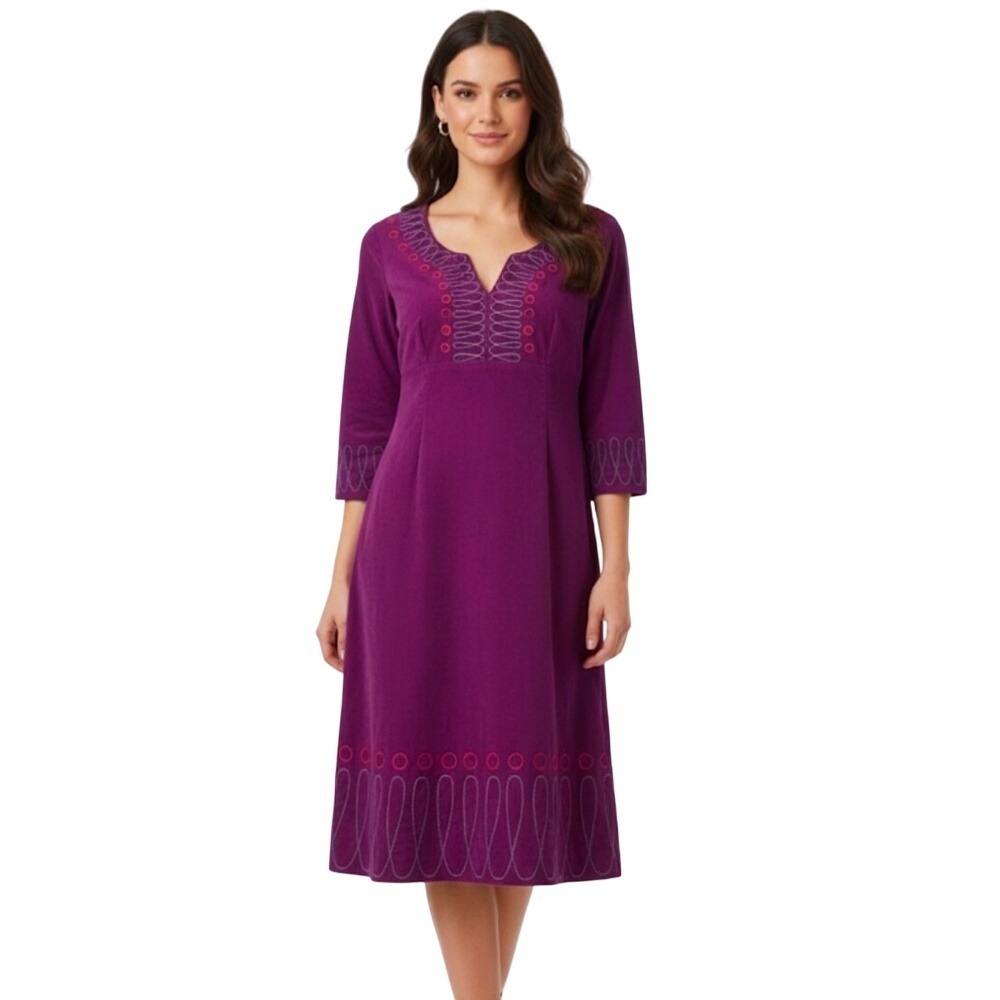 Boden Embroidered Corduroy Purple 3/4 Sleeve Shift Dress Womens Size 4L
